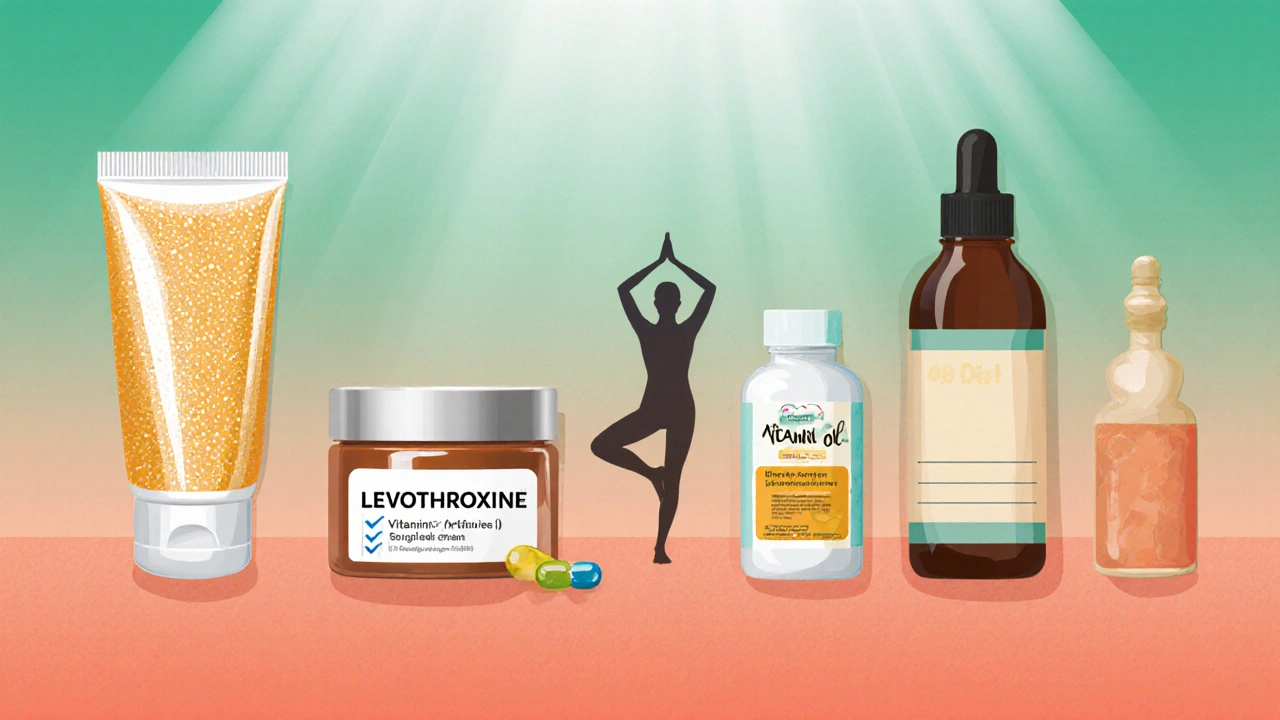 Behandlingsliste: solkrem, krem, piller, vitamin‑D, omega‑3 og yoga‑silhuett.