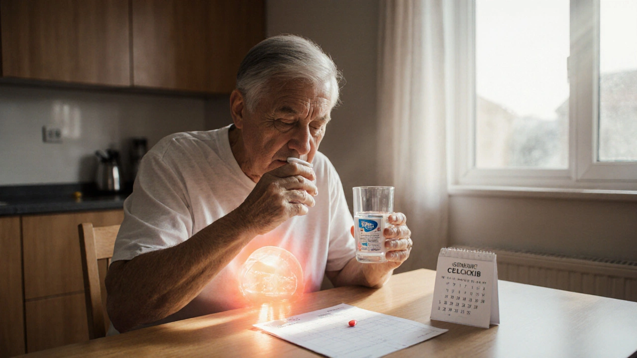 Bruker tar generisk celecoxib med vann ved kjøkkenbordet, omgitt av sjekkliste.