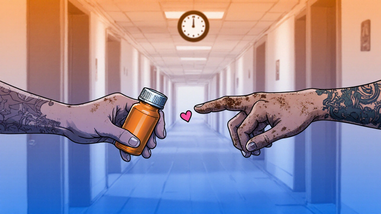 En hånd gir en annen en pillflaske, med graderinger som symboliserer håp og tilgang til behandling.