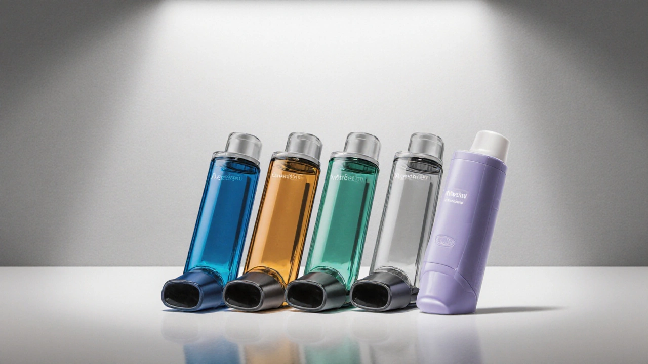 Flere inhalatorer (Asthalin, Ventolin, generisk, levalbuterol, ipratropium) på klinisk benkeplate