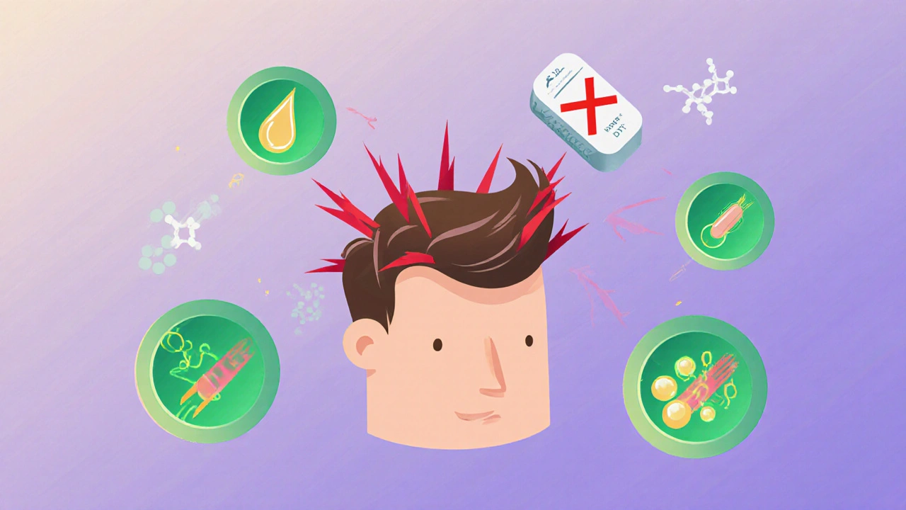 Hårrøtt under angrep av DHT-hormoner, med aspirin som ikke virker og beviste behandlinger som lyser opp.