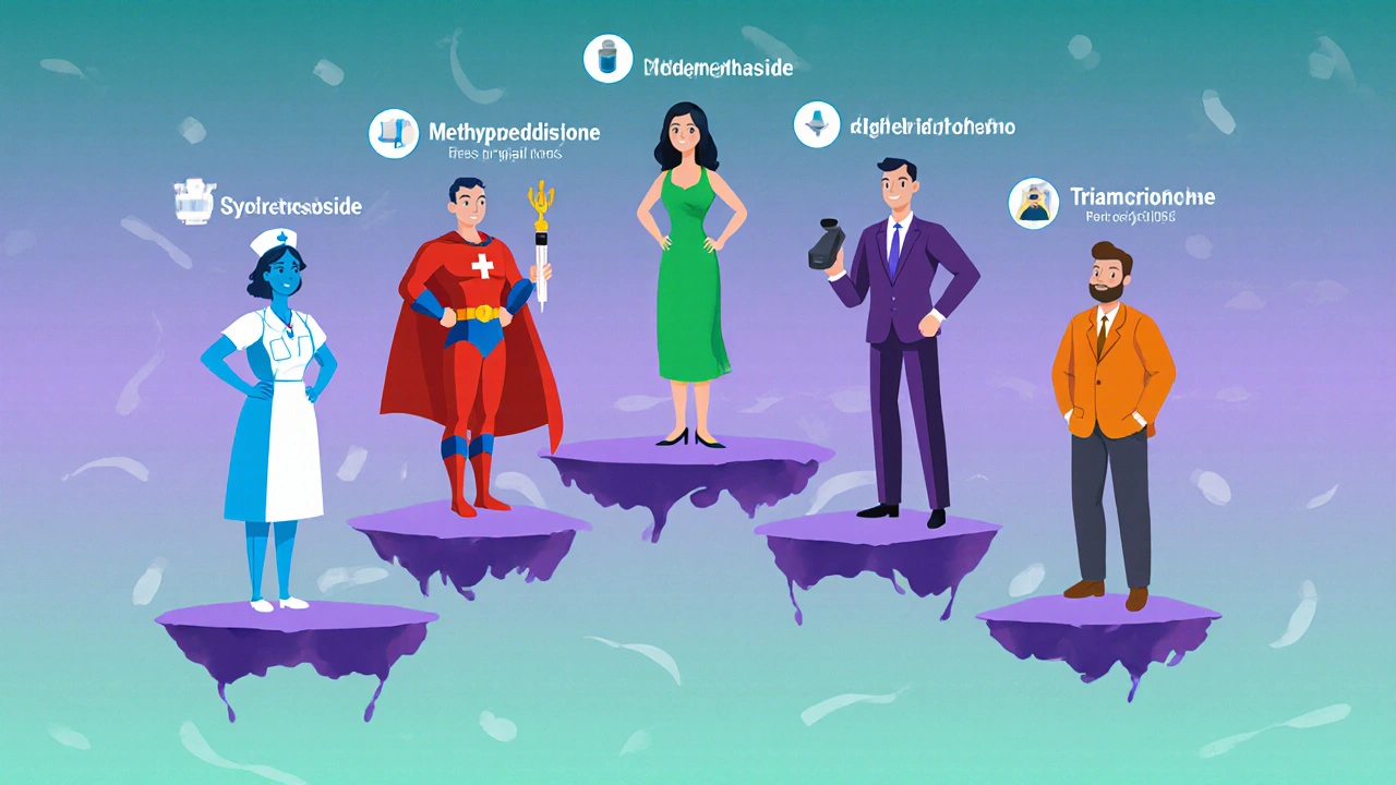 Karikaturer av ulike kortikosteroider med ikoner for dosering og bivirkninger.