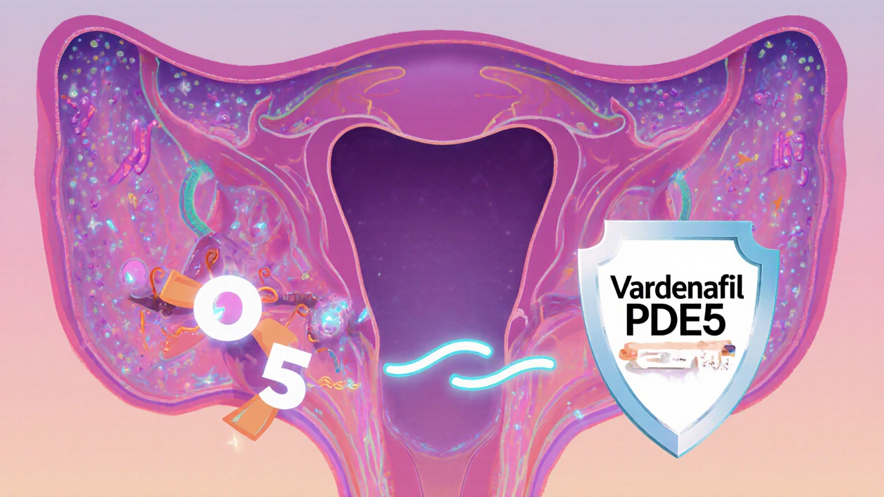 Krysseksjon av penis som viser NO, cGMP og Vardenafil som blokkerer PDE5.