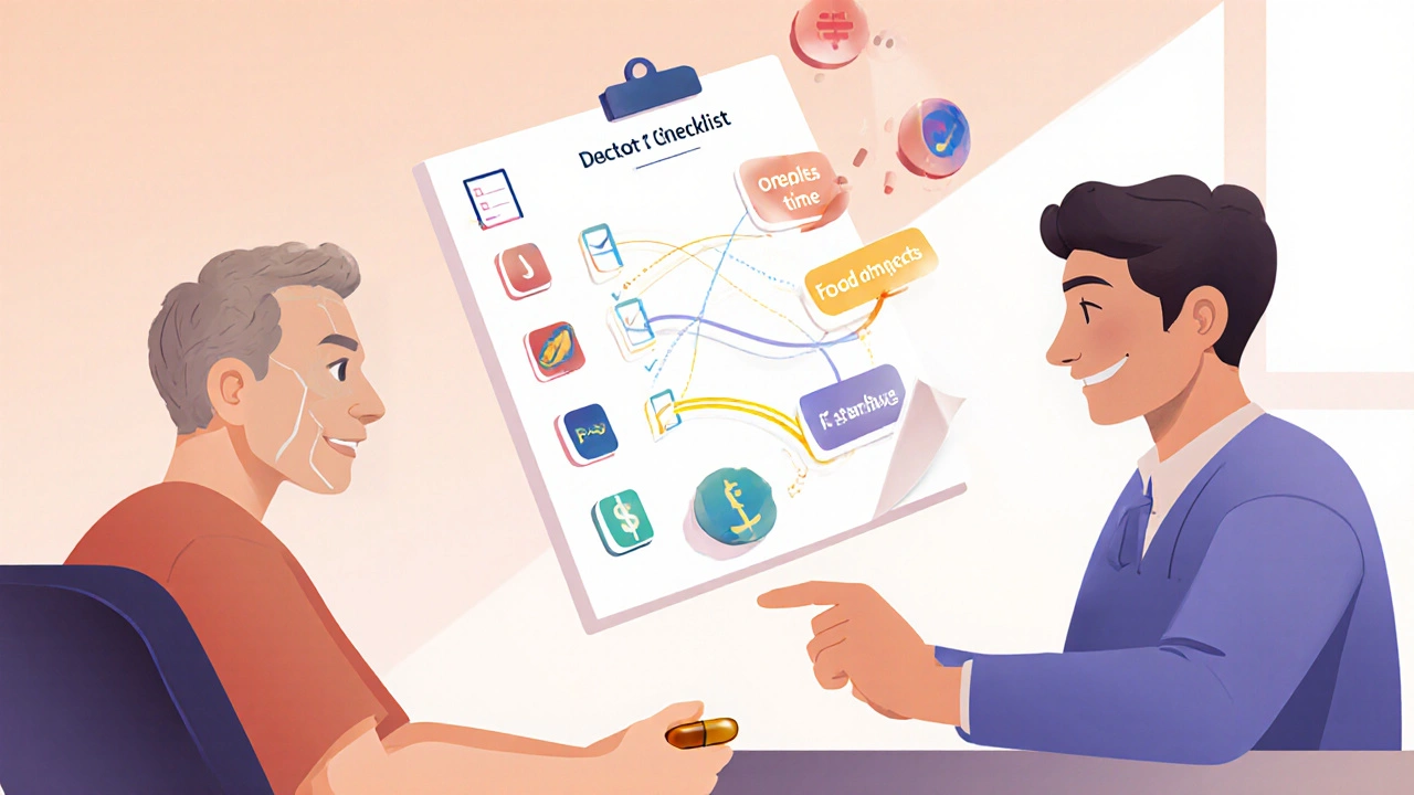 Mann og lege diskuterer valg av ED‑medikament med ikoner for effekt og bivirkninger.