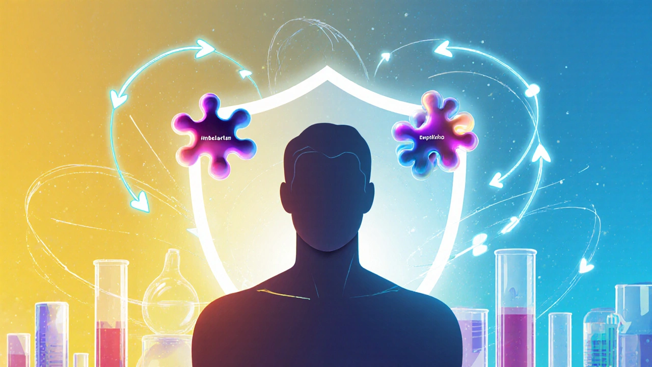 Molekylære modeller av irbesartan og empagliflozin kobler seg til en beskyttende skjold.