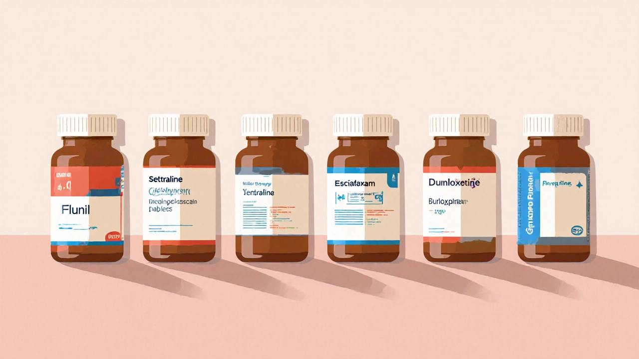 Oversikt over ulike antidepressiva‑piller med fargede auraer som viser bivirkninger.