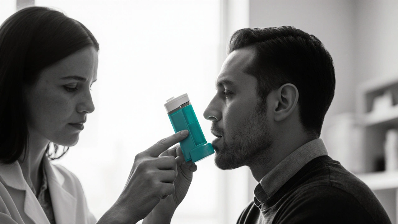 Pasient bruker inhalator korrekt med veiledning fra helsepersonell