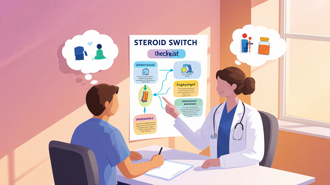 Pasient og lege diskuterer svitsj av steroider med en sjekkliste og ikoner.