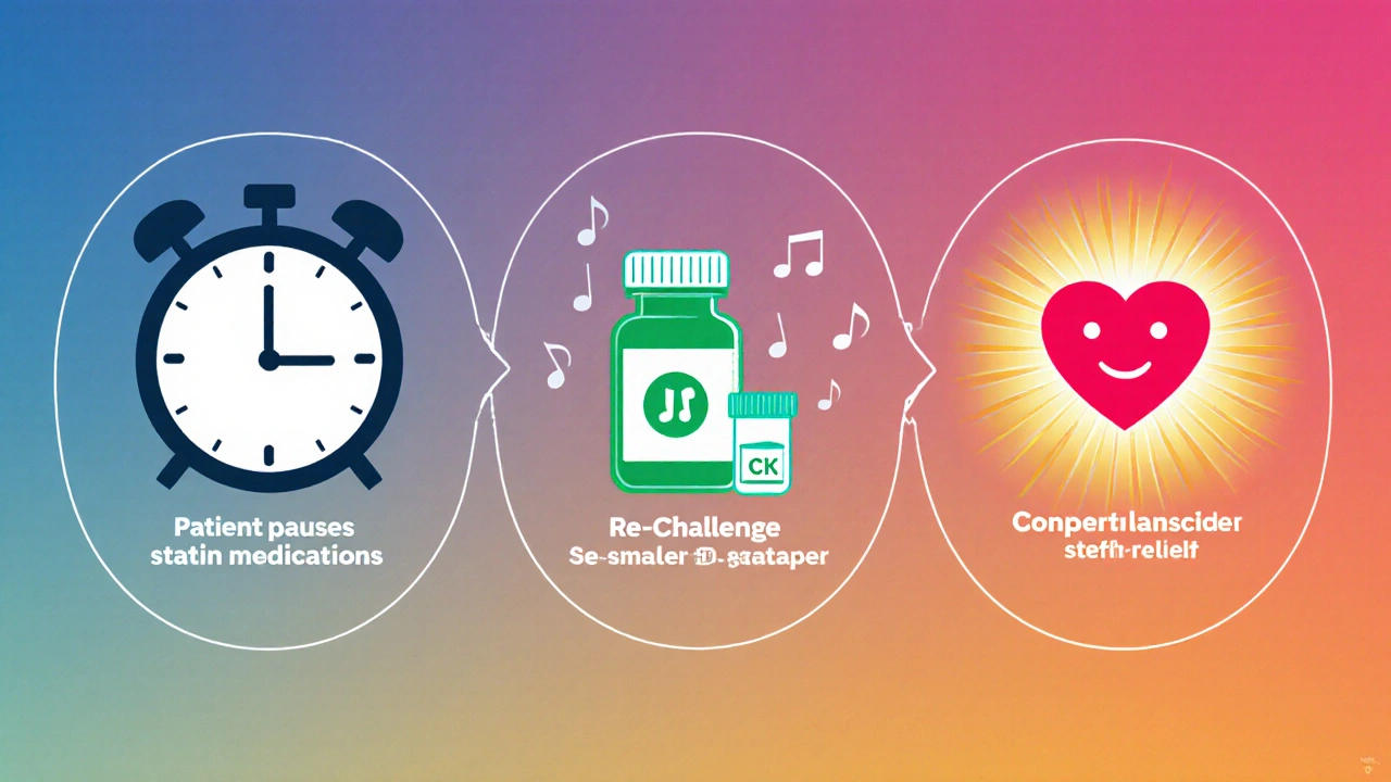 Pasientpause, re‑challenge og glad hjerte i en tre‑trinns illustrasjon.