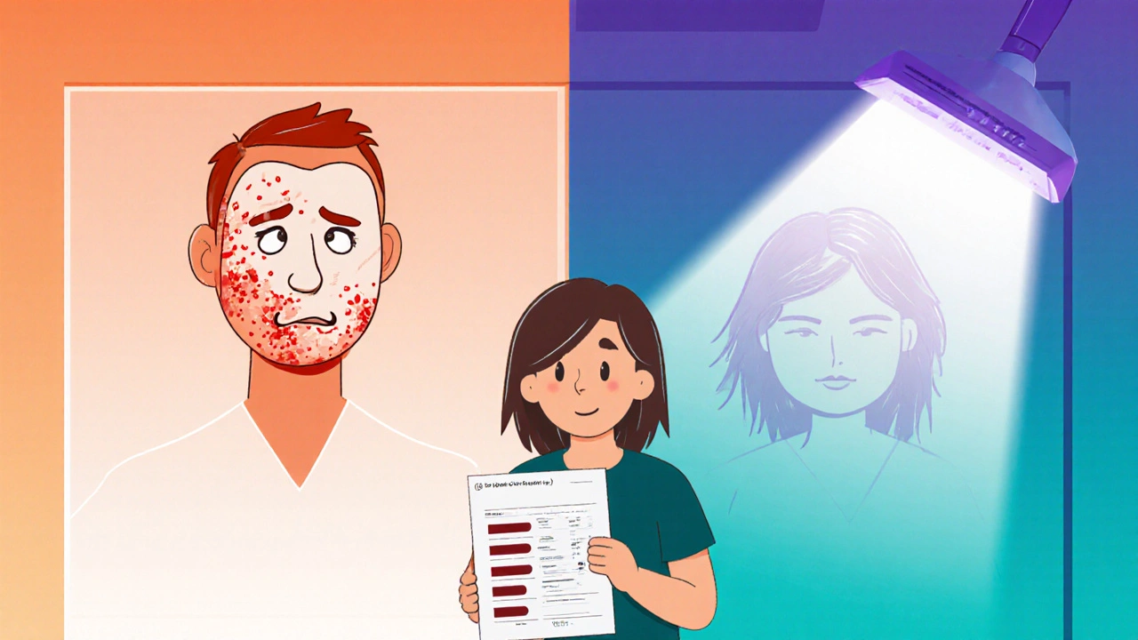 Person besøker hudlege med blodprøve, mens en sidevisning viser farlig aspirinmaske og sunn hårvekst.
