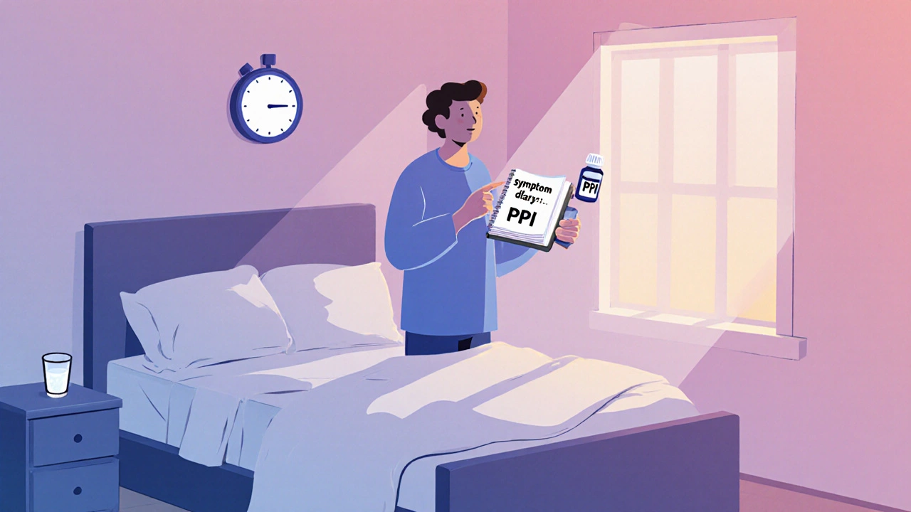 Person holder en symptomdagbok, sitter oppreist etter måltid, med hevet hode i sengen.