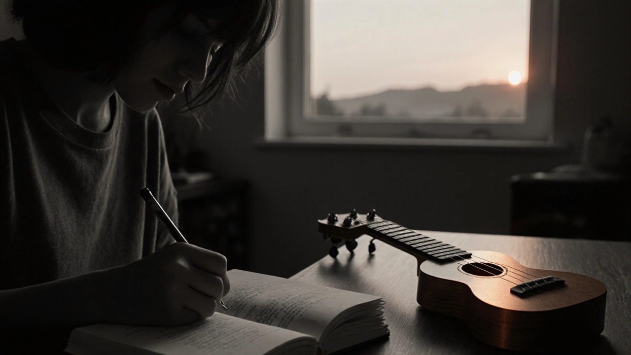 Person skriver i dagbok med ukulele, varm kobberfarge på instrumentet.