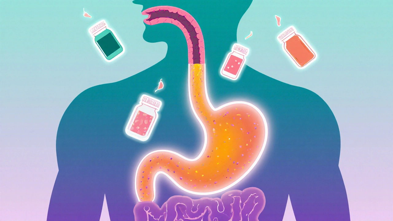 Piller flyter rundt en avslappet spiserørsring, mens magesyre renner opp.