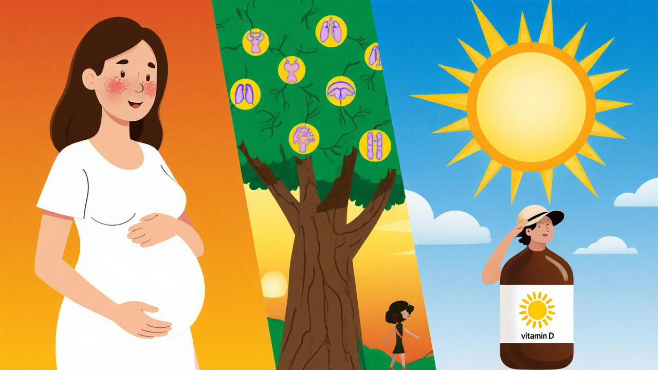 Risiko‑faktorer: gravid kvinne, familietre med skjoldbrusk‑ikoner, sol og vitamin‑D‑flaske.