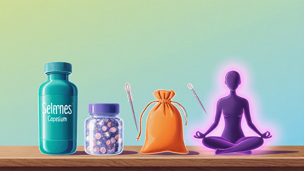 Scenebilde med selen, magnesium, L‑carnitin, yoga‑pose og akupunkturnåler som alternative behandlinger.