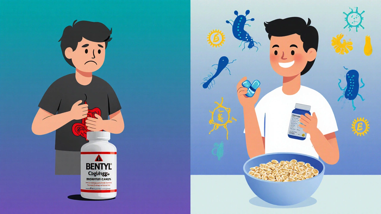 To sider: en person med ubehag ved Bentyl mot en annen med probiotika og fiber, i forskjellige gradientfarger.