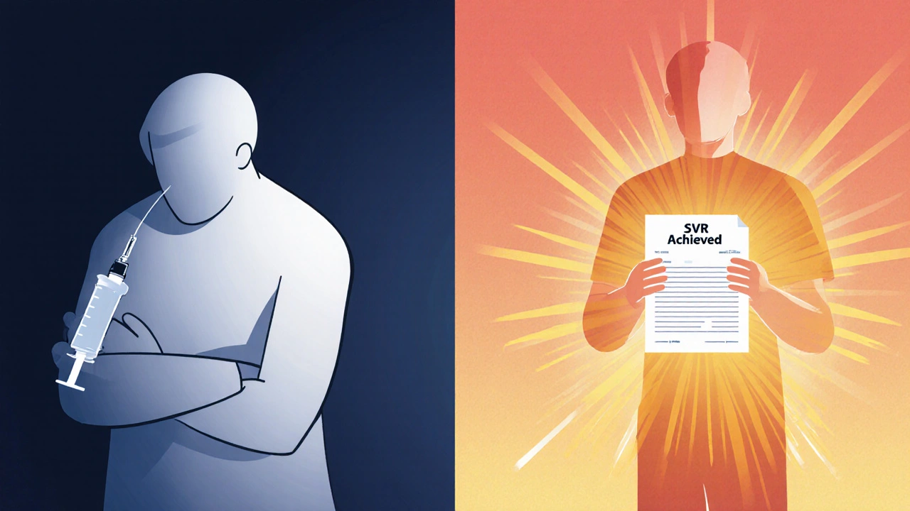 To versjoner av samme person: en i skygger, en i lys — symboliserer helbredelse fra hepatitt C.