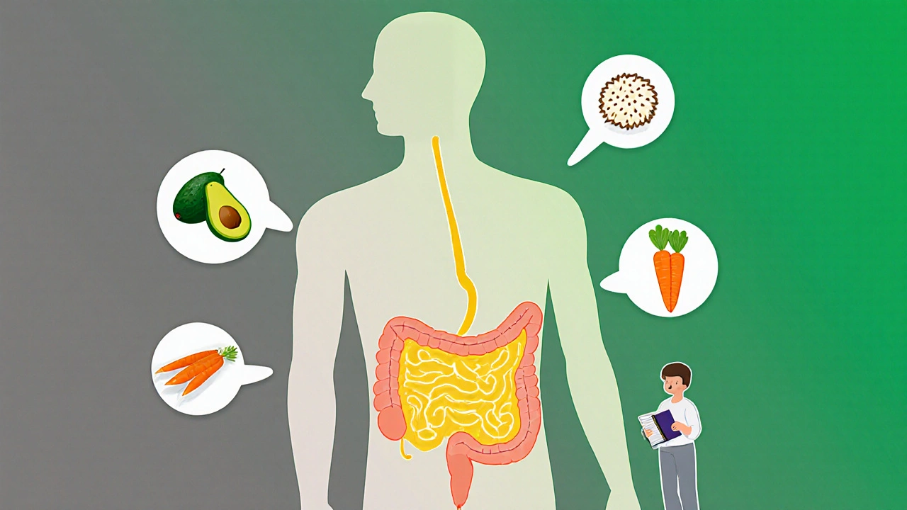 Transparent tarm med gullglødende lys, omgitt av lav-FODMAP-mat og en person som skriver i dagbok.