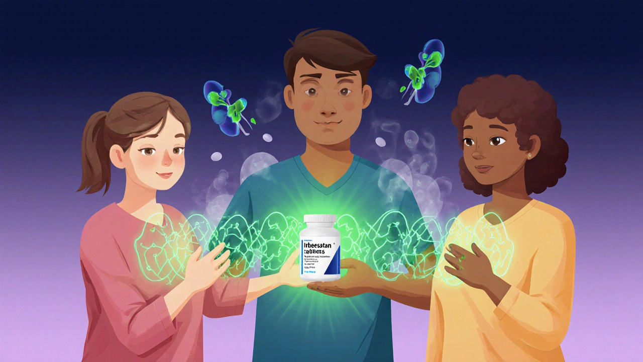Tre pasienter mottar en lyseffekt fra irbesartan-tabletten som beskytter hjerte og nyre.