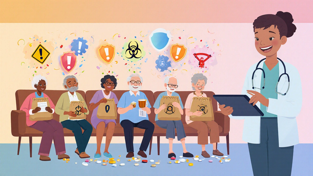 Eldre pasienter og farmasøyt som skanner medisiner, med varslingsikoner som forsvinner til beskyttende skjolder.