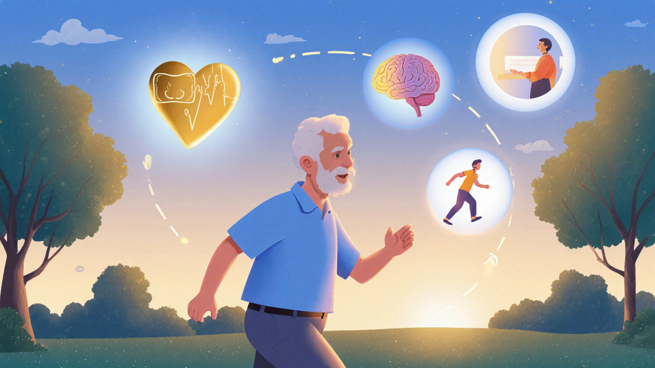 Eldre person vandrer i parken med symboler for søvn, bevegelse og terapi i bakgrunnen.