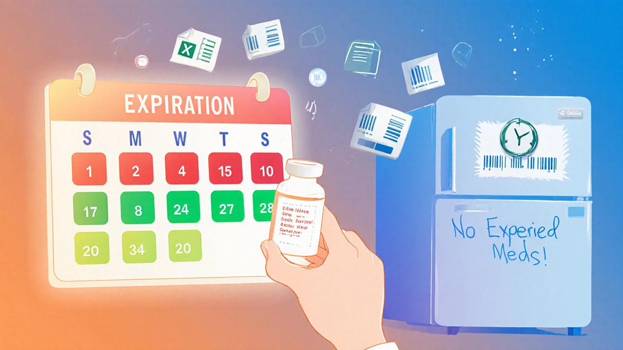 En kalender med utløpsdatoer som skifter fra rød til grønn, med legemidler i en smart kjøleskap.