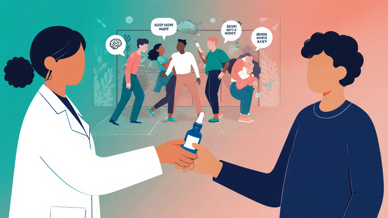 En lege gir en pasient flytende medisin med en dråpeflaske, bak en mural med håp og styrke.