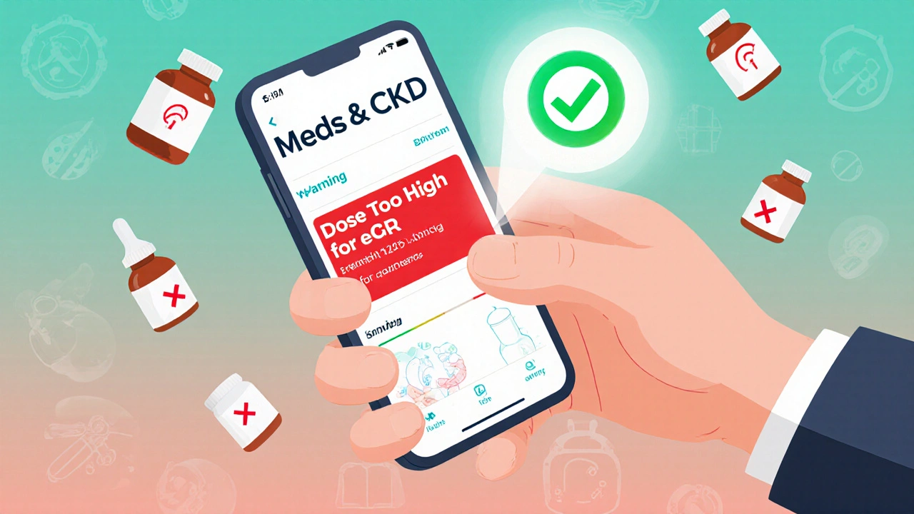 En pasient skanner legemidler med en app som viser en advarsel om for høy dose for nedsatt nyrefunksjon.
