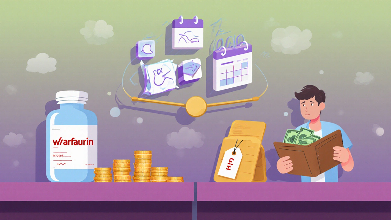 En pasient står foran apoteket med billige og dyre blodfortynnere, viser økonomisk forskjell.