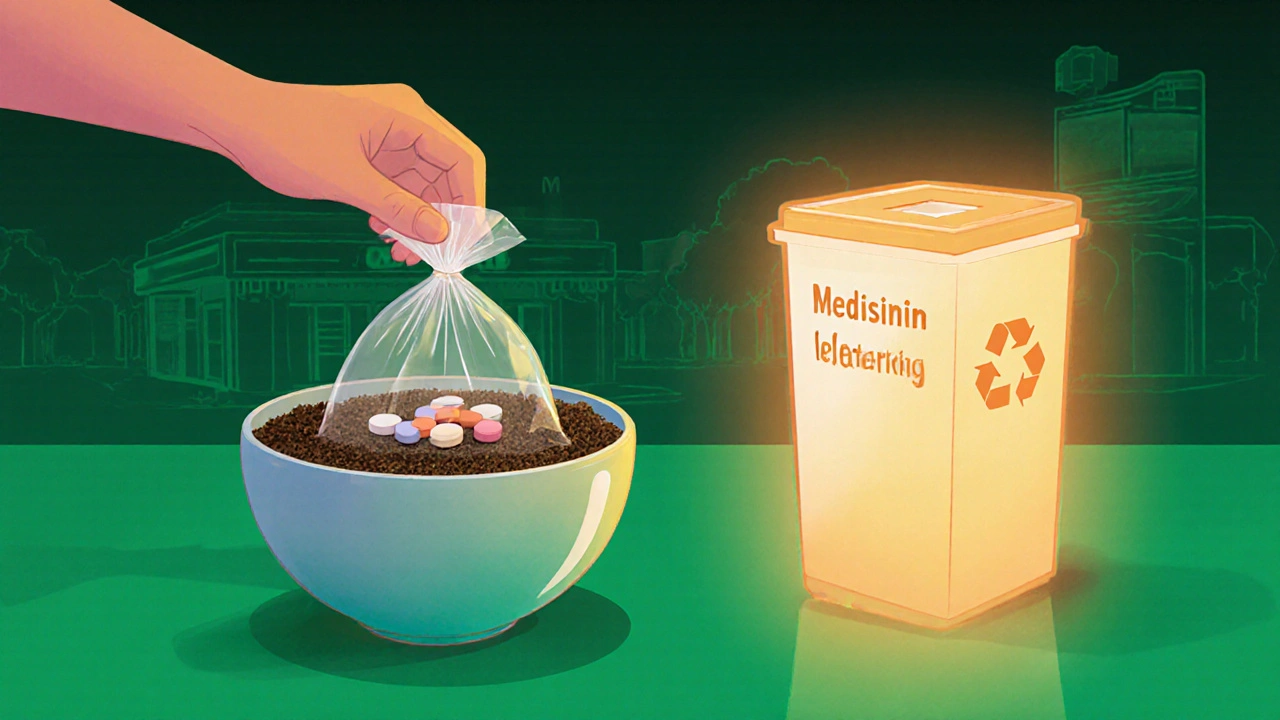 En person blander utløpte medisiner med kaffeslam og kattesprett for trygg kassering.