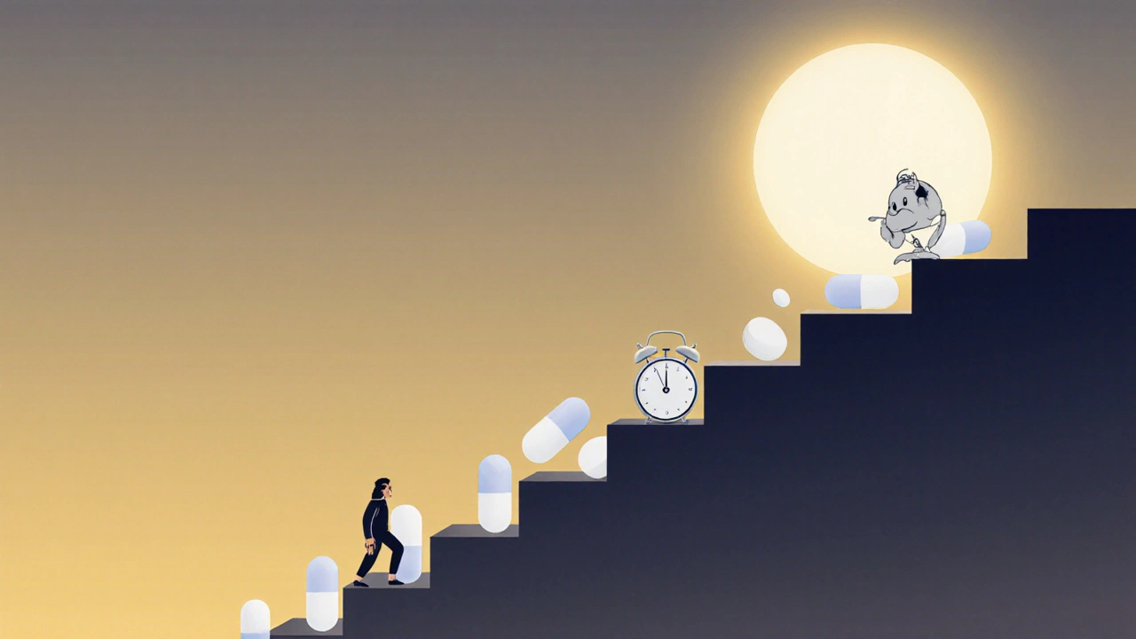 En person går ned en trapp av tabletter, trinnene blir mindre og mindre, symboliserer en sakte avvikling.