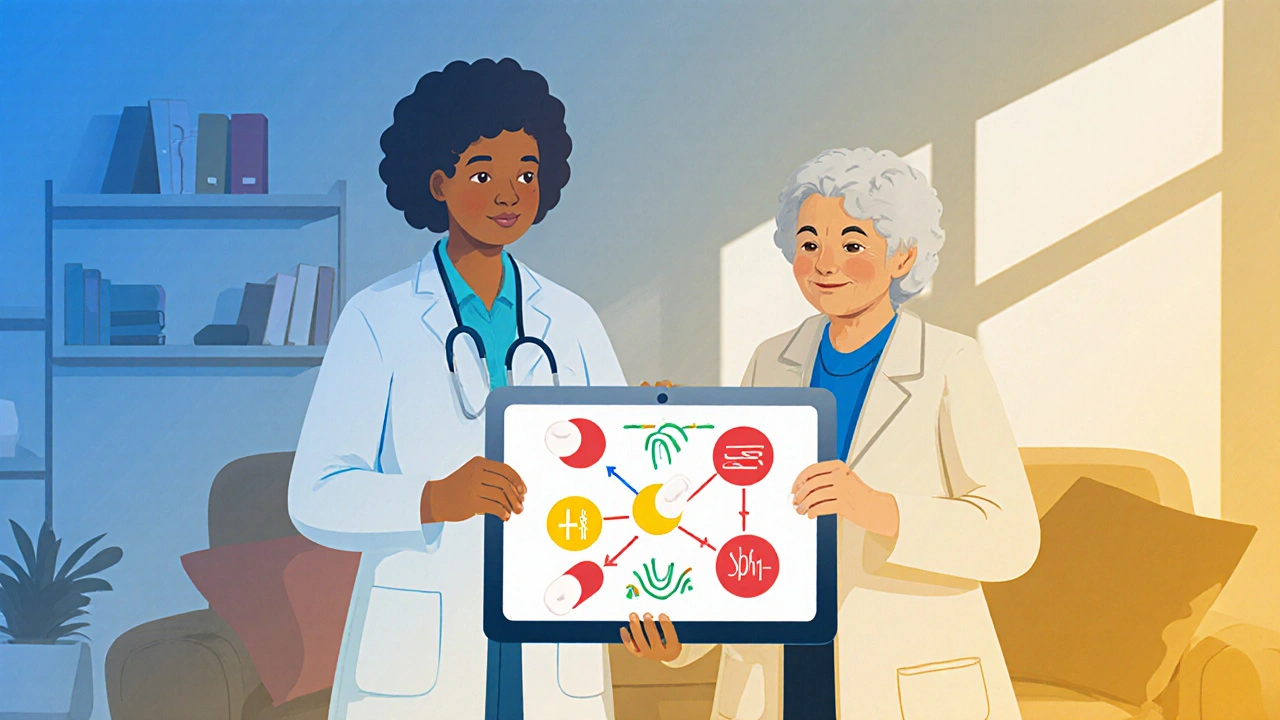 Lege og farmasøyt gjennomgår legemidler med pasient ved dataskjerm.