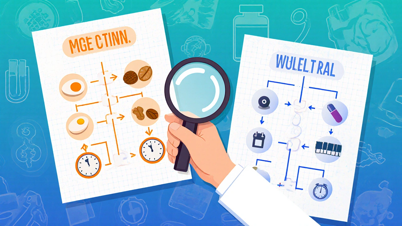 Legemann viser to diagrammer: matallergi med rask IgE-respons og legemiddellallergi med forsinket T-celle-respons.