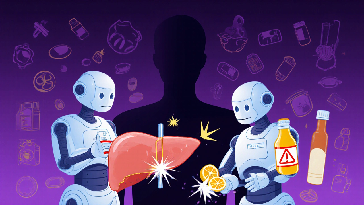 Lever som en fabrikk med enzymroboter blokkert av grapefruktsaft og tamoxifen, med røde advarsler.