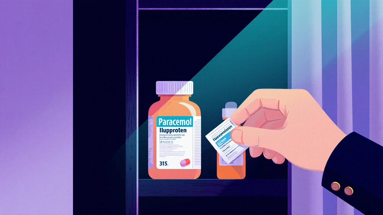 Medisiner ordentlig lagret i et mørkt skap med originalflasker og tydelige utløpsdatoer.