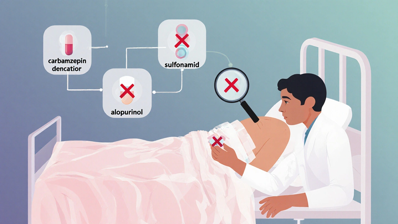 Pasient i sykehus med ikke-limrende forband, legemidler med kryss over seg og en lege som undersøker hudbiopsi.