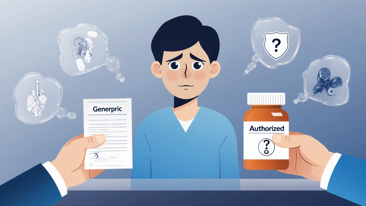 Pasient ved apoteket som mottar to ulike generiske piller med ulike symboler.