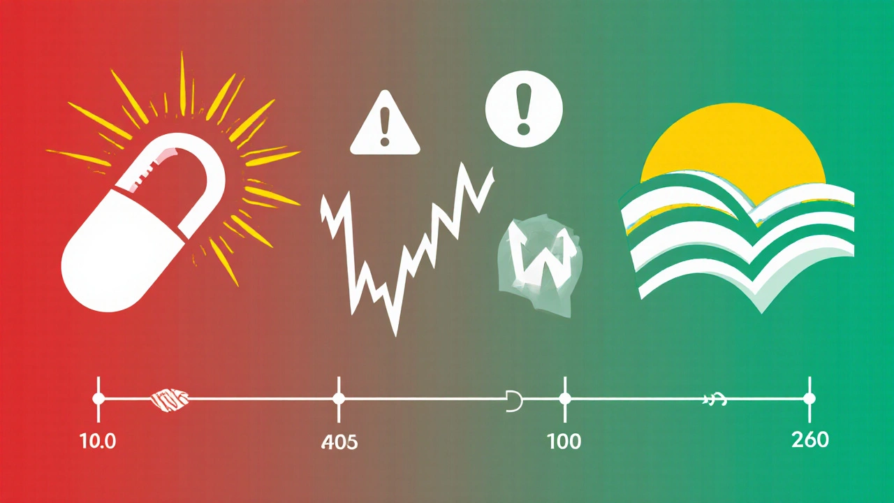 Pasientens helseutvikling over tid: stabil, ustabil og igjen stabil med riktig medisin.