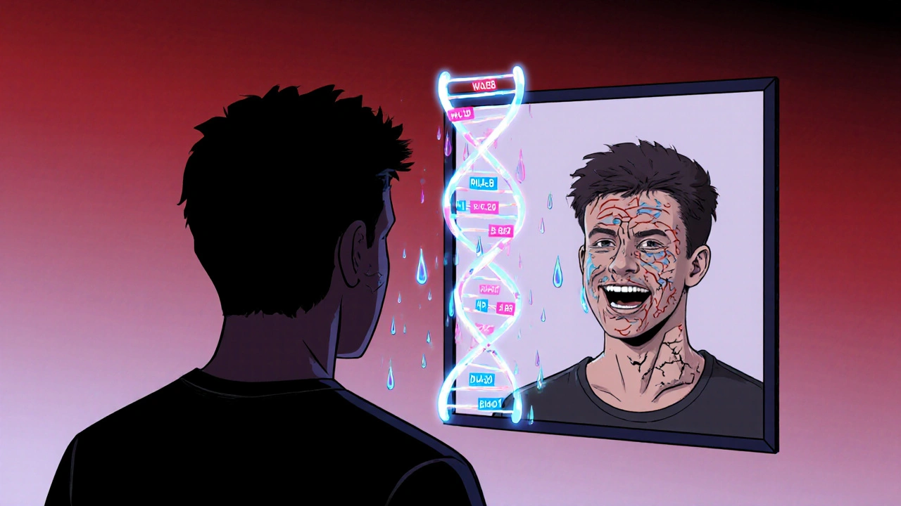 Person i speil med knust hudrefleksjon, DNA-heliks med genetiske markører og tåre som blir til kunstig tåre.