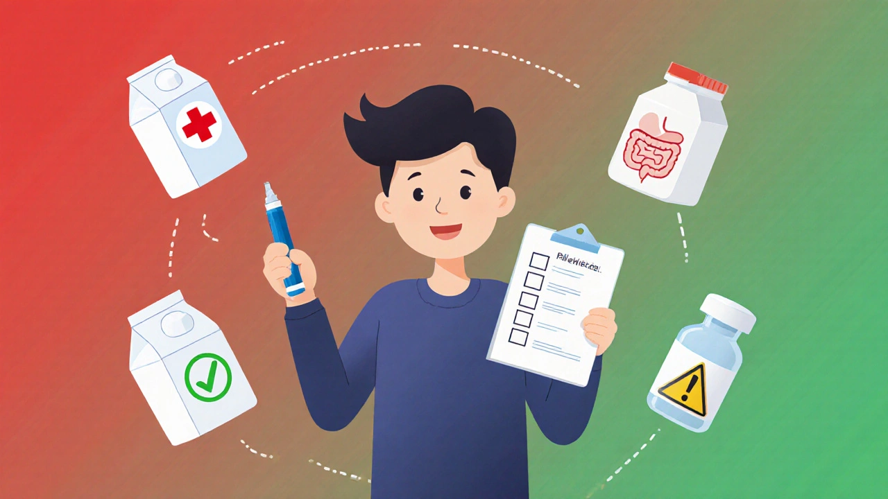 Person med adrenaline-penn omgitt av ikoner for matallergi, intoleranse og feilaktig legemiddel-diagnose.