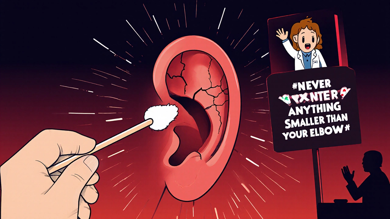 Q-tipp i øret med advarsel – farlig handling som kan skade trommehinnen.