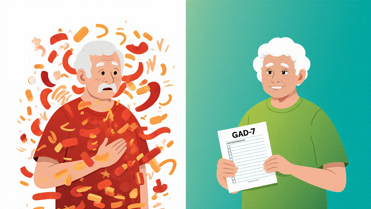 To eldre: en med kaotiske symptomer, en med ro og GAD-7-skjema i en bløt gradient.