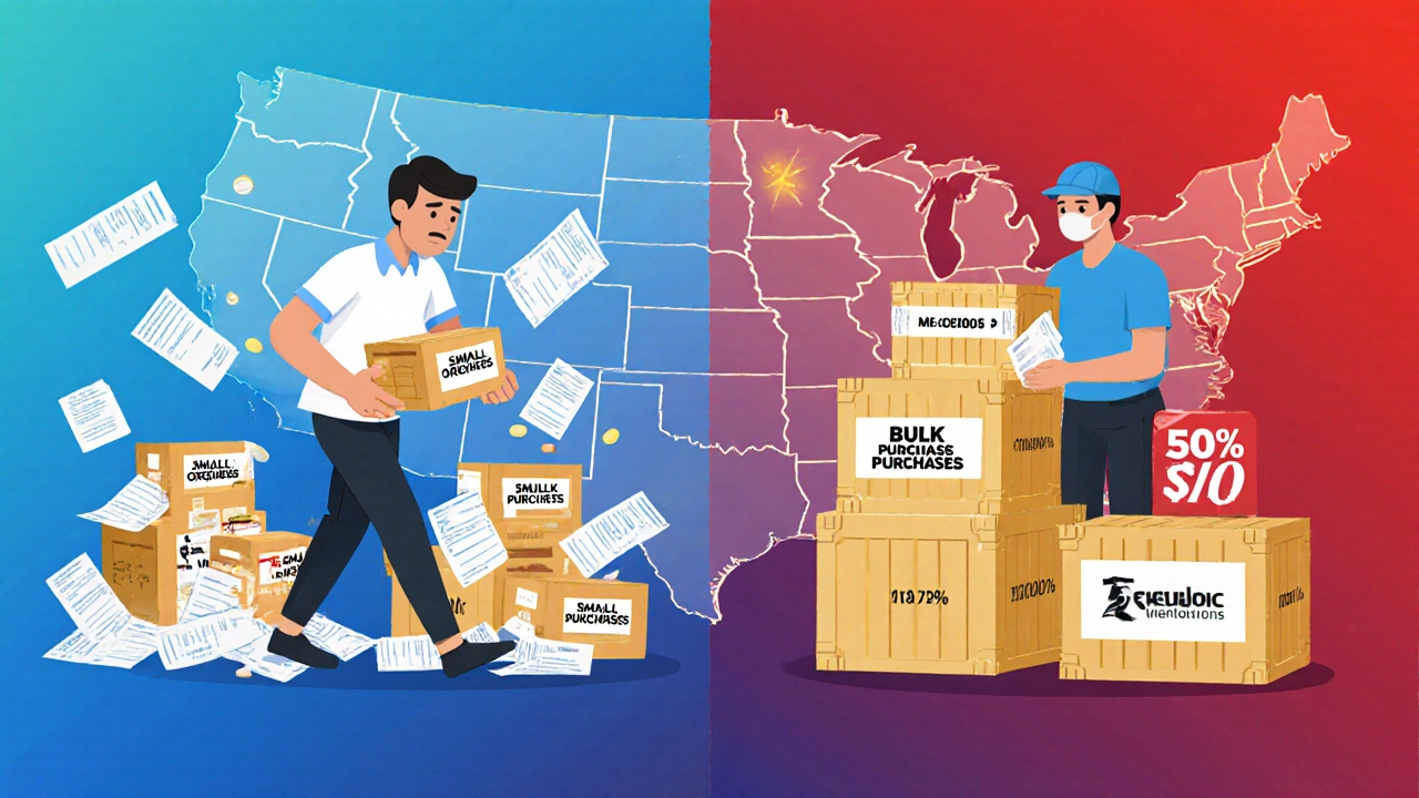 To scener: en forvirret apoteker med små pakker mot en rolig person med store bulkkasser og rabattmerker.