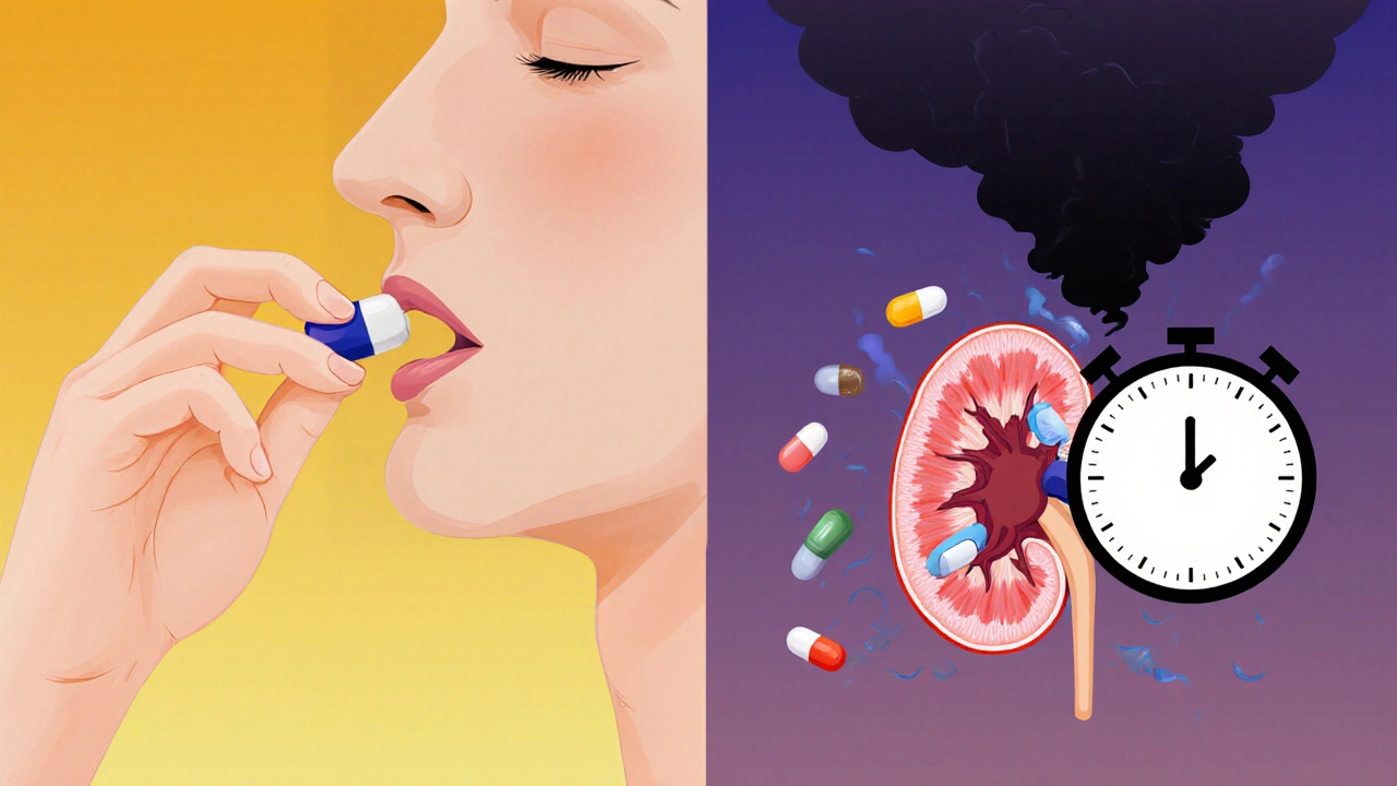 To sider: en sunn nyre mot en skadet nyre fylt med legemidler, med en klokke som viser fare.