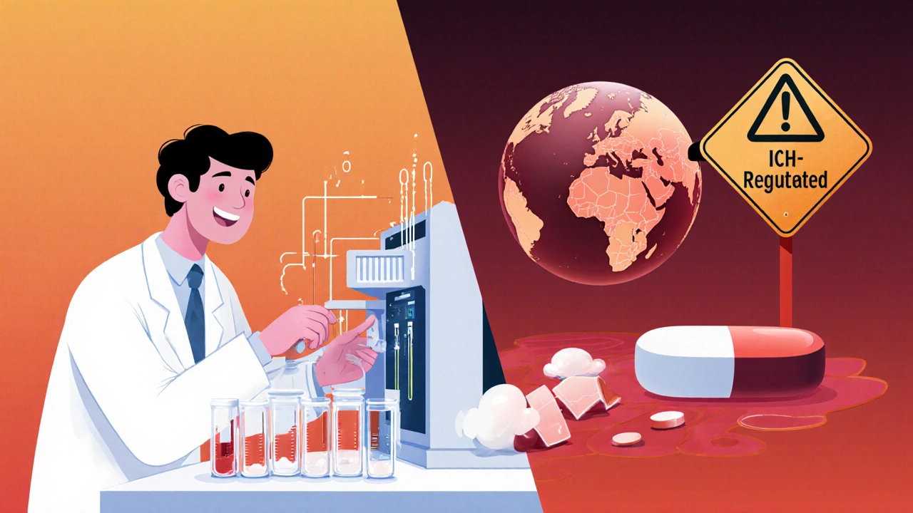 Vitenskapsmann med HPLC-maskin på den ene siden, nedbrytt legemiddel på den andre.