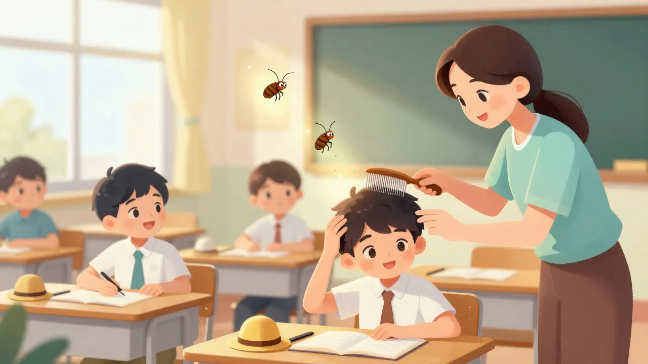 Barn i klasseværelse med lus og kamming som behandling