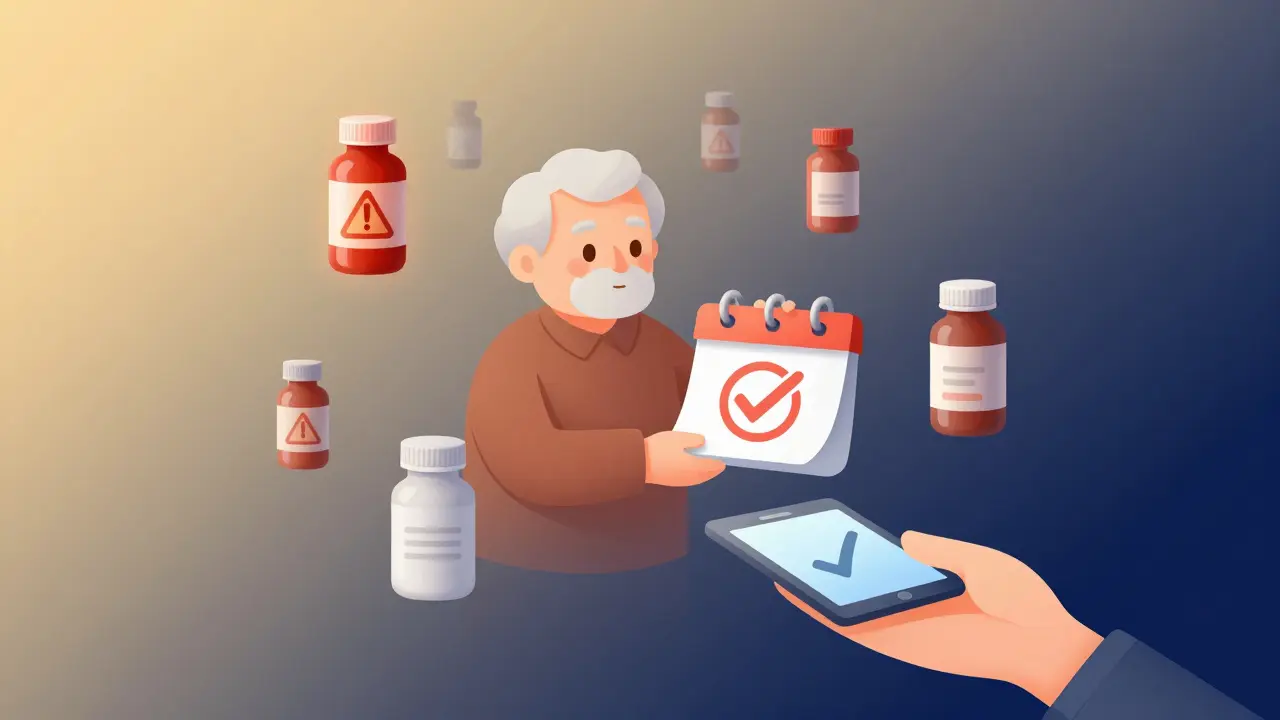 Eldre person med flere medikamentflasker, noen med advarsler, mens de holder en kalender med årskontroll.