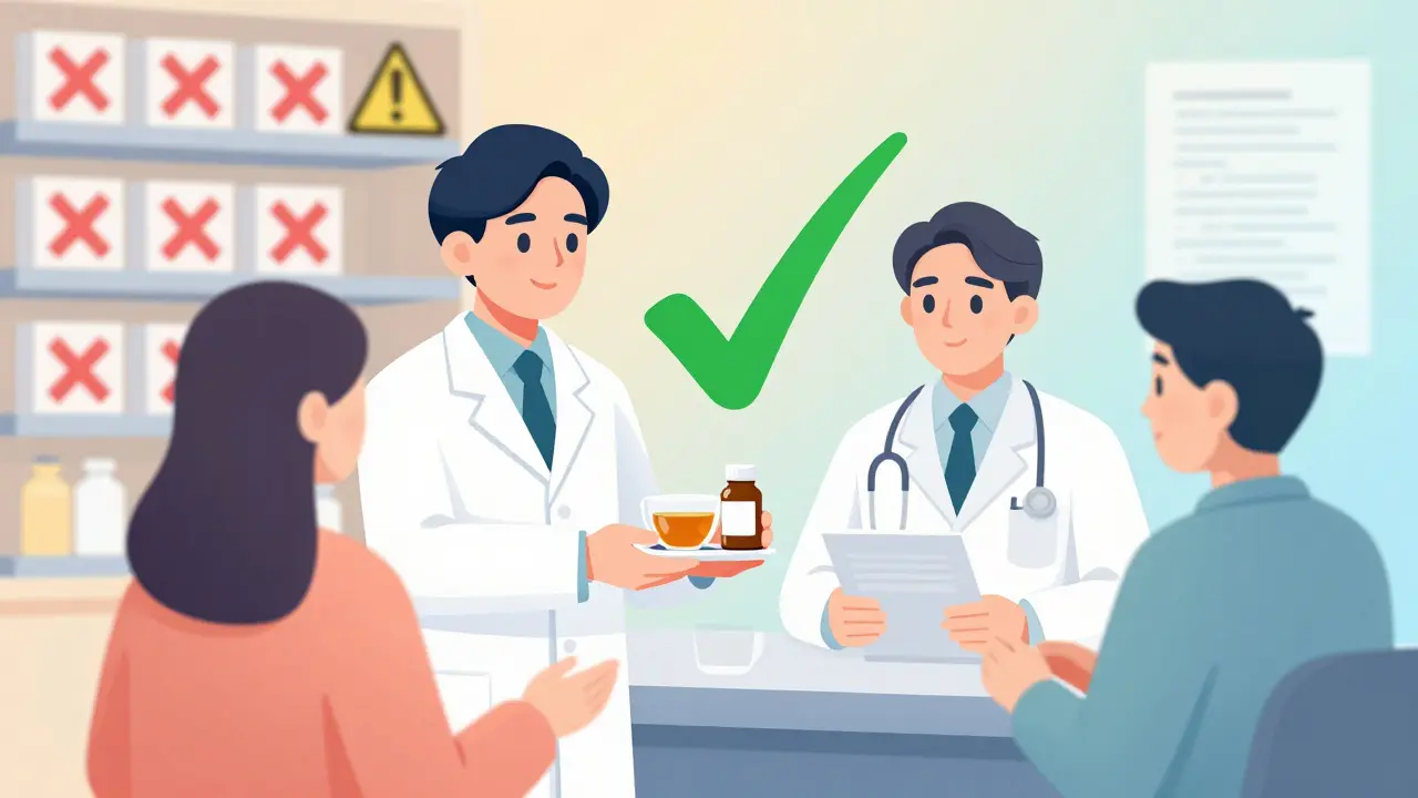 En apotekar gir en kopp te til en pasient, mens supplementer med advarsler står bak dem, understreker trygg valg.