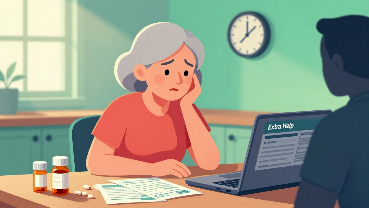 En eldre kvinne sitter ved kjøkkenbordet med reseptpriser og søknadsformulær, med klokke og skygge i bakgrunnen.