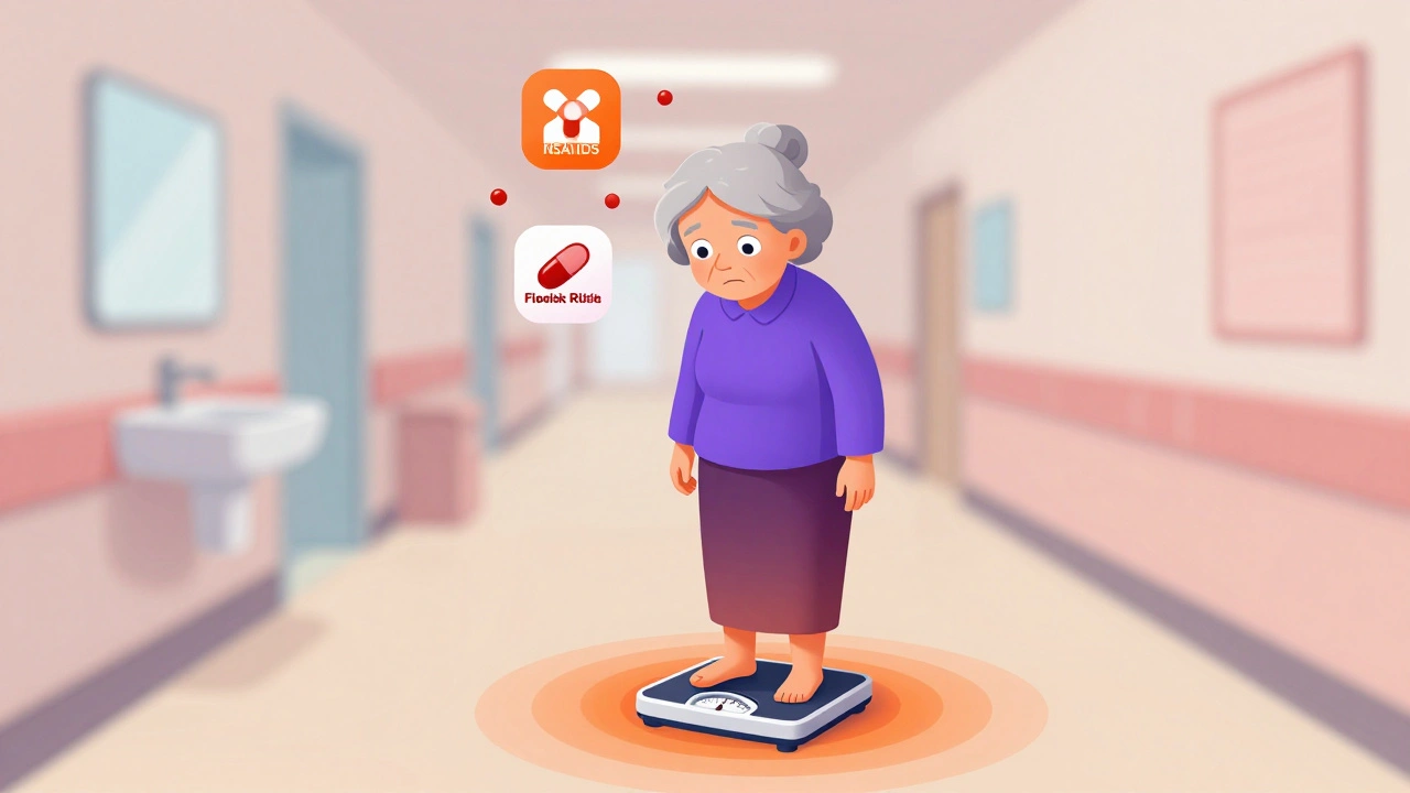 En eldre kvinne står ved en vekt med farlige medisiner som svirrer rundt henne, symboliserer fallrisiko.